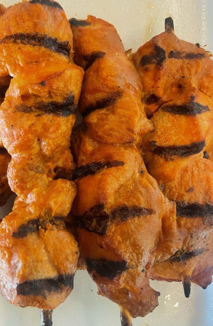 SL24-02L Fully Cooked Smoky BBQ Chicken breast skewers